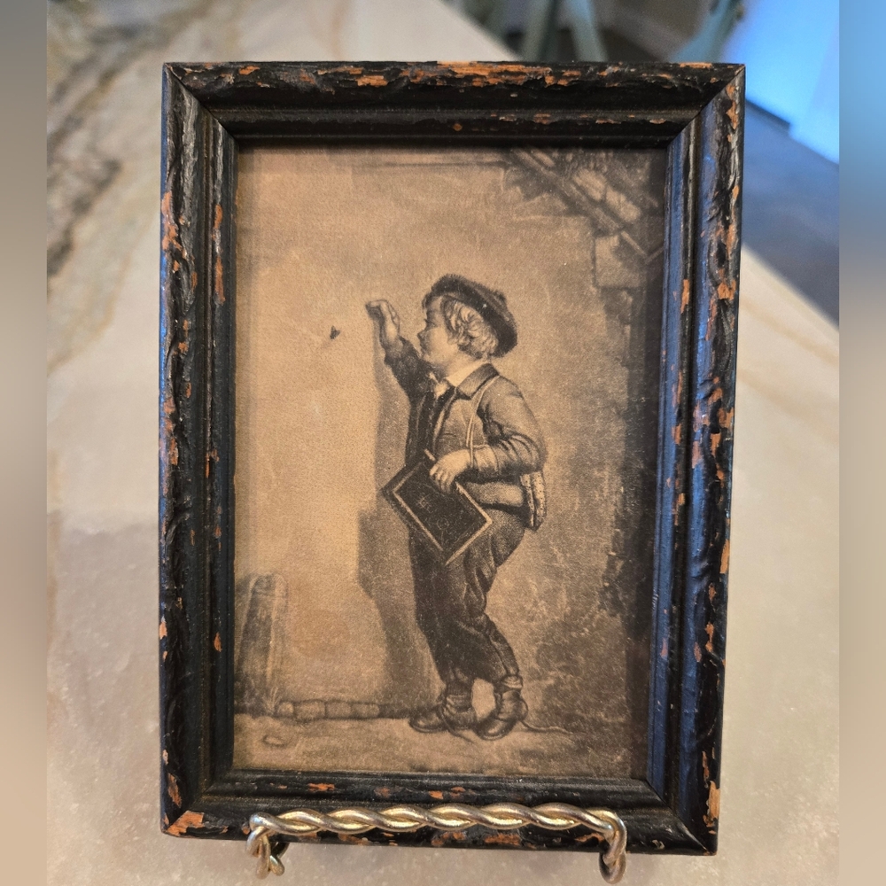 Small Antique Black Wood Framed Victorian Boy Art Print